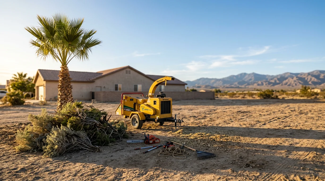 Arborist inspecting a palm tree in Palmdale, California for health and safety