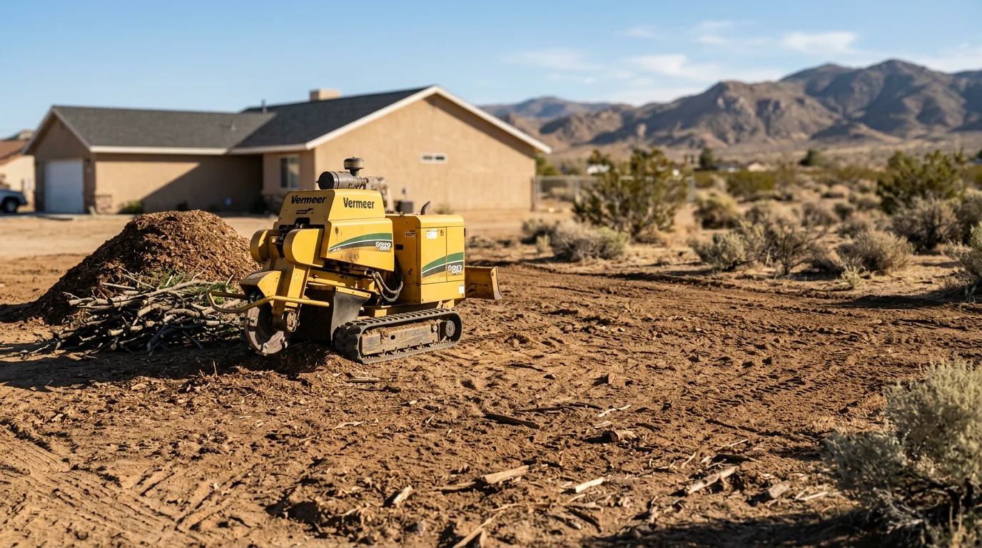 Professional arborist removing a large tree with safety equipment in Lancaster, California