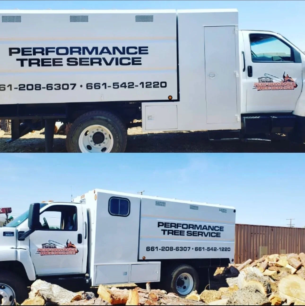 White service trucks with custom vinyl wrap, company logo, and contact details for tree service branding