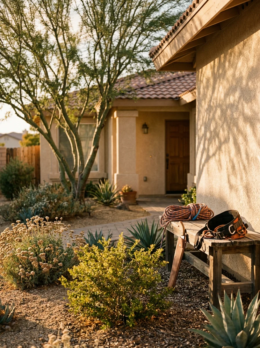 Close-up of Lancaster home exterior showing desert-adapted yard and property entrance.