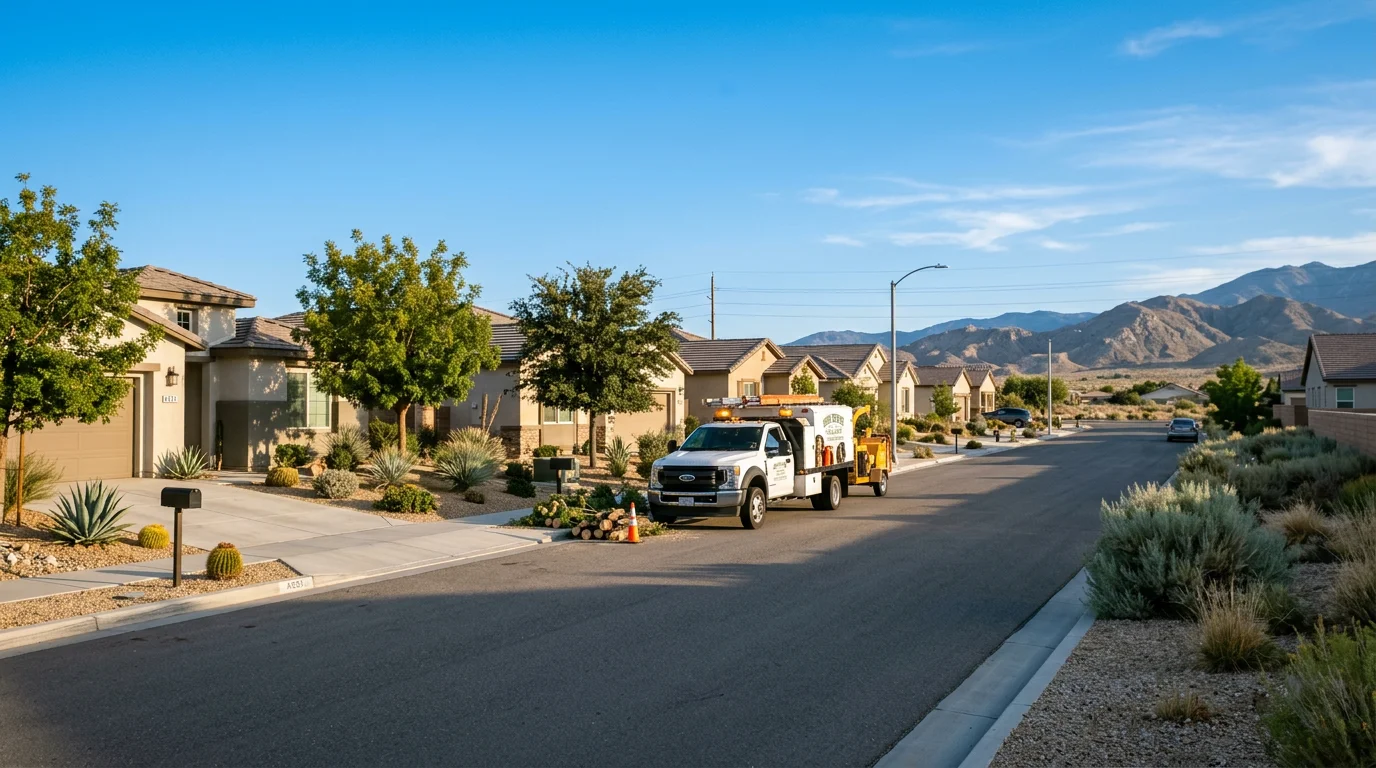 Wide view of Lancaster residential street with desert landscaping and modern homes under clear blue sky.