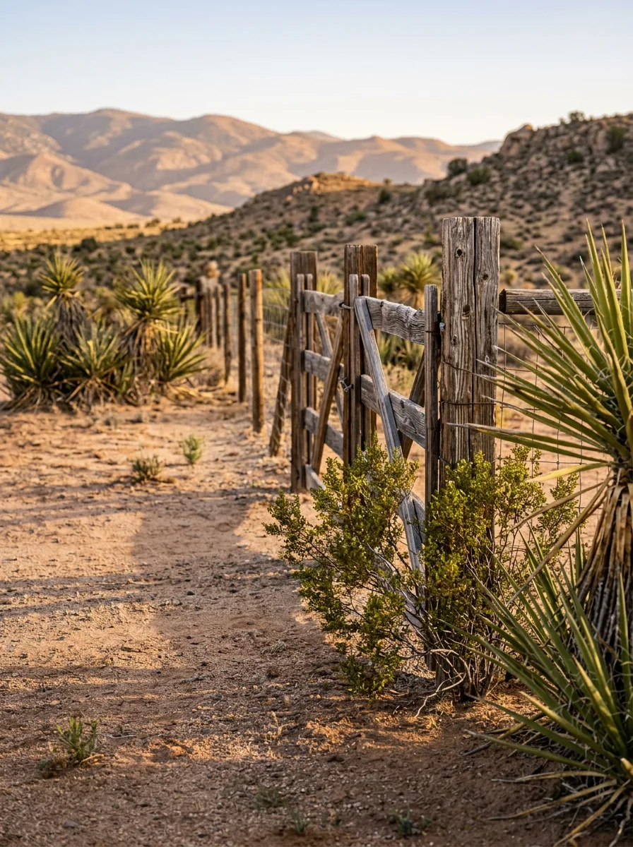 Mojave rural property entrance with desert terrain and distant mountains.