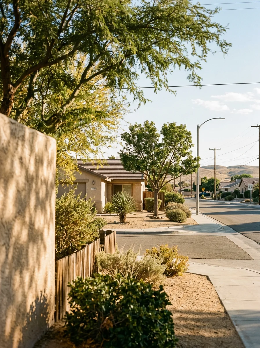 Palmdale neighborhood street showing mixed residential properties and local landscape.