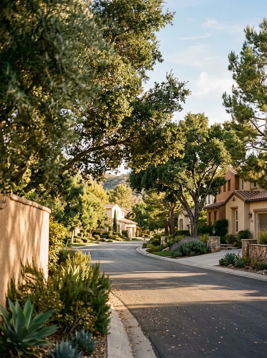 Santa Clarita neighborhood street showing typical residential properties and local landscaping.