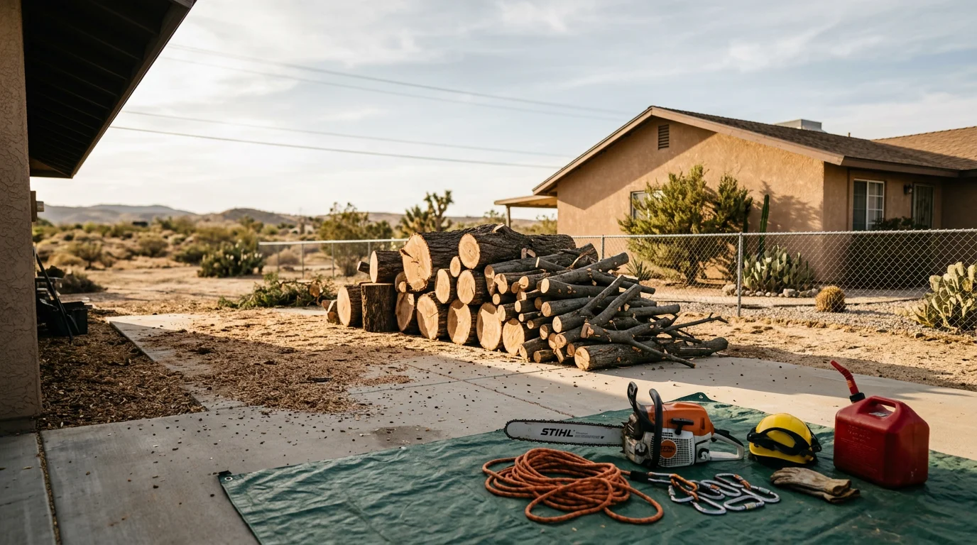 A large tree removed from a Lancaster, California residential property after a windstorm, with the trunk sectioned on the ground and the home's roofline visible and undamaged in the background. A Performance Tree Service crew member in safety gear stands near the stump in the dry Antelope Valley landscape.