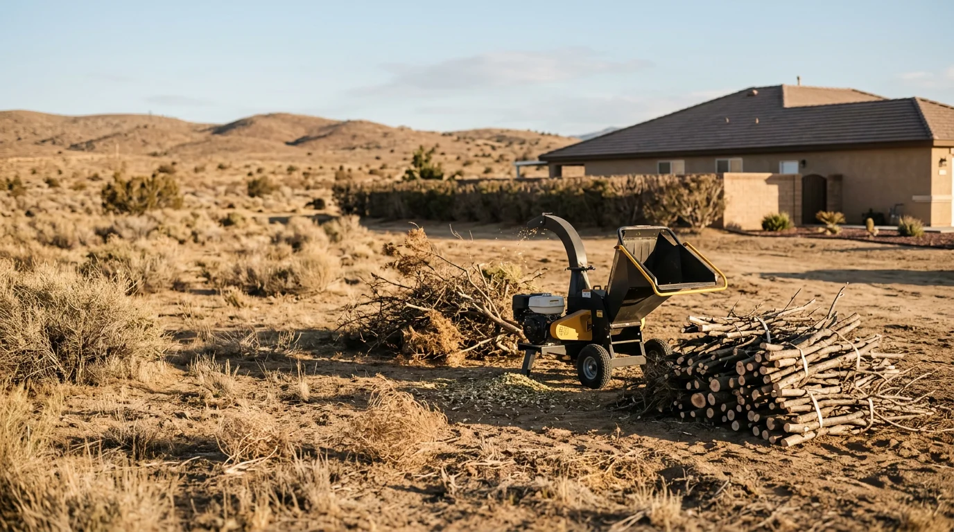 A Lancaster, California residential property with trees professionally limbed up to six feet, surrounding brush cut low, and a clear defensible space zone visible between the home and the dry Antelope Valley landscape. An arborist from Performance Tree Service loads cut brush into a chipper truck parked in the driveway.