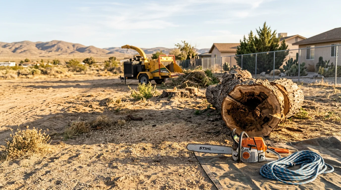 A certified arborist from Performance Tree Service using rigging equipment to remove a large hazardous tree near a residential structure in Lancaster, California. The surrounding yard is clear and the crew is working in sections to protect the home from damage.