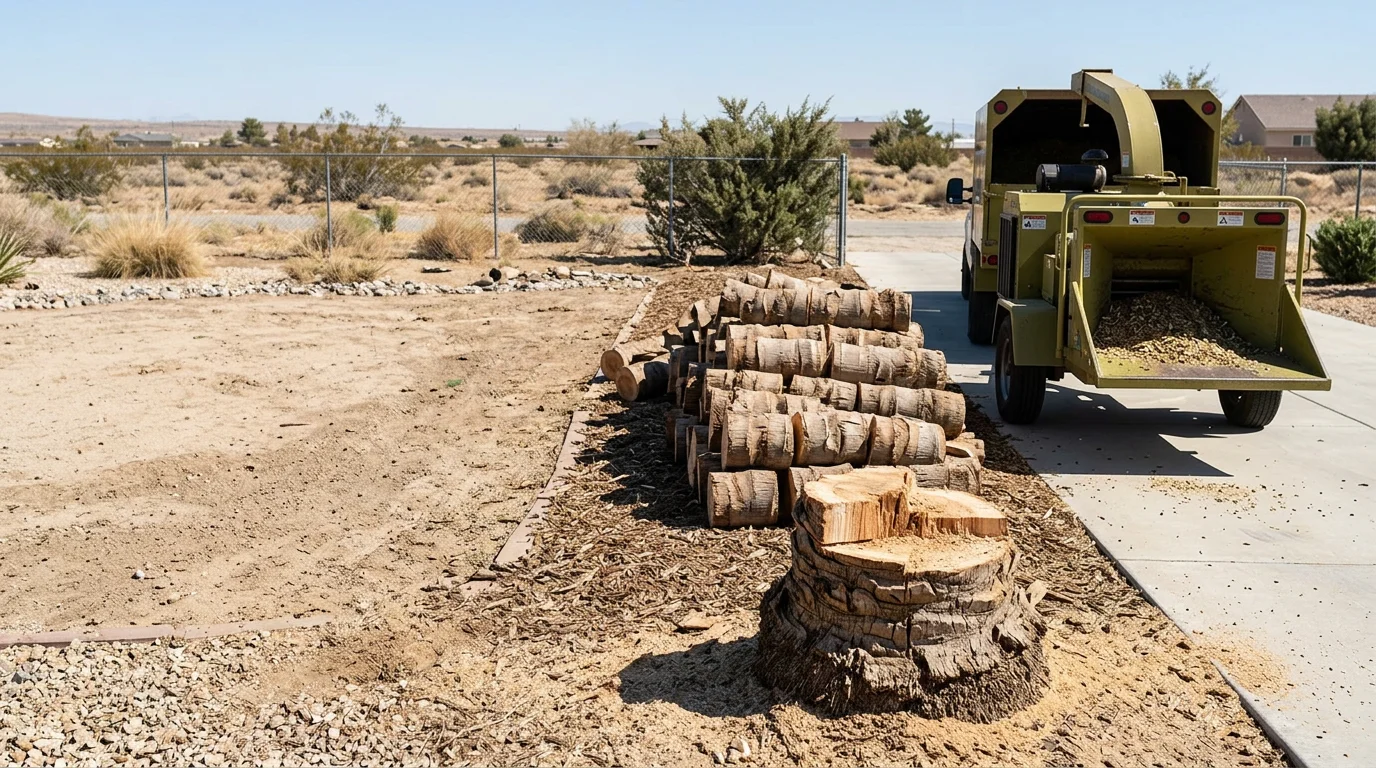 A large palm tree being sectionally removed by an arborist crew in a residential backyard in Lancaster, California. The cleared lot shows the stump at ground level with no debris remaining near the home or fence line.