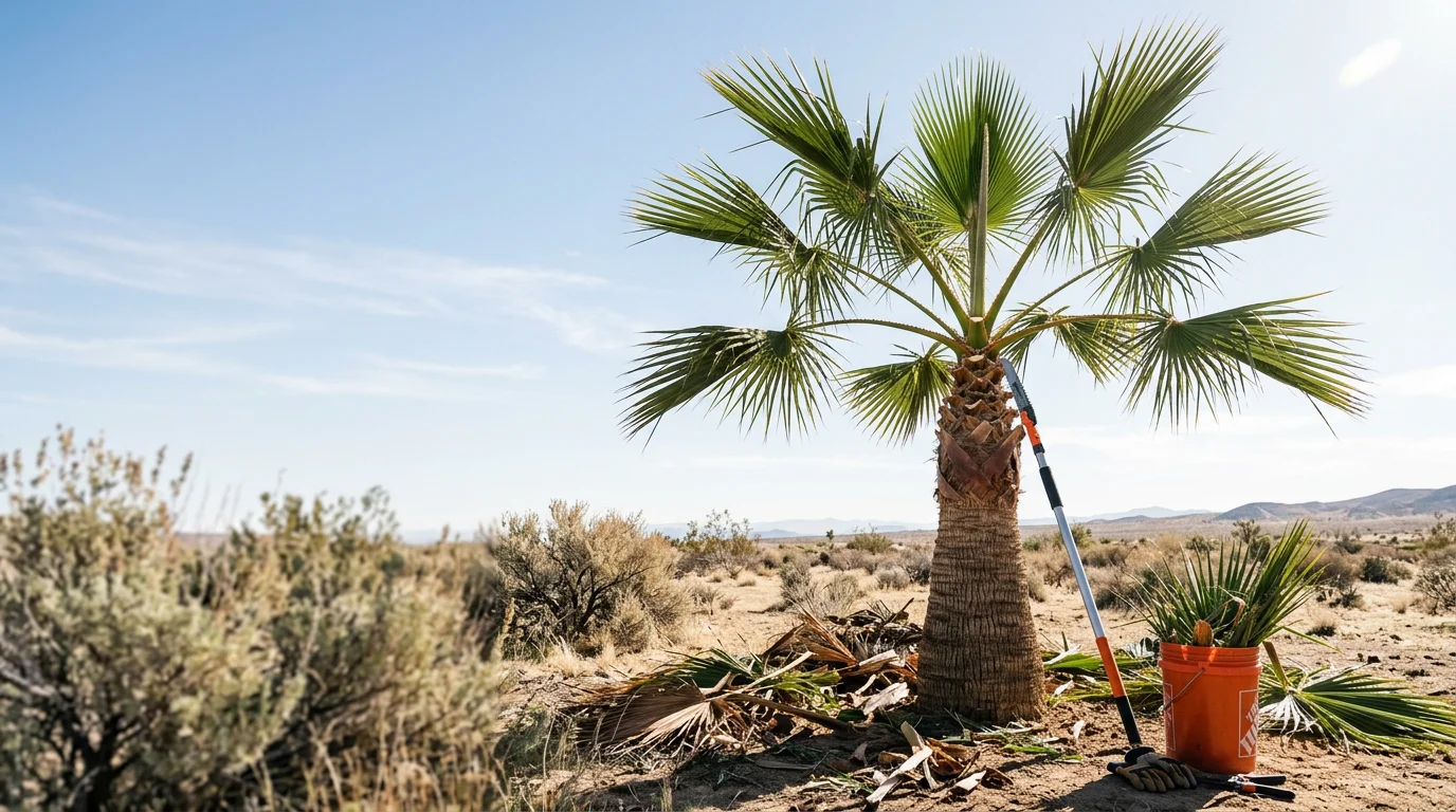 A certified arborist trimming dead brown fronds from a tall palm tree on a Lancaster, California residential property under clear desert sky. The cleaned canopy shows a symmetrical green crown with no loose frond material or seed pods remaining.