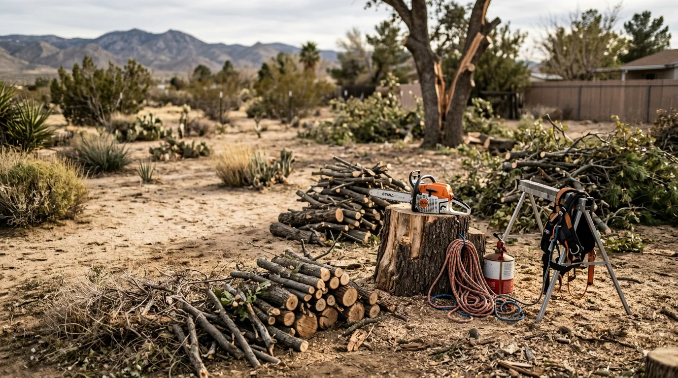 A certified arborist and crew from Performance Tree Service removing a large storm-fallen tree from a residential yard in Lancaster, California. The tree has been sectioned and debris is staged for removal, with the home's roofline visible in the background.