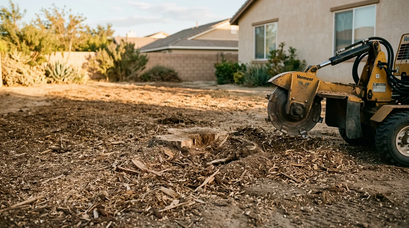 A freshly ground tree stump in a Lancaster, California residential backyard, with wood chips spread across the surrounding dry desert soil. The grinding work has brought the stump flush with the ground, leaving the yard level and clear.