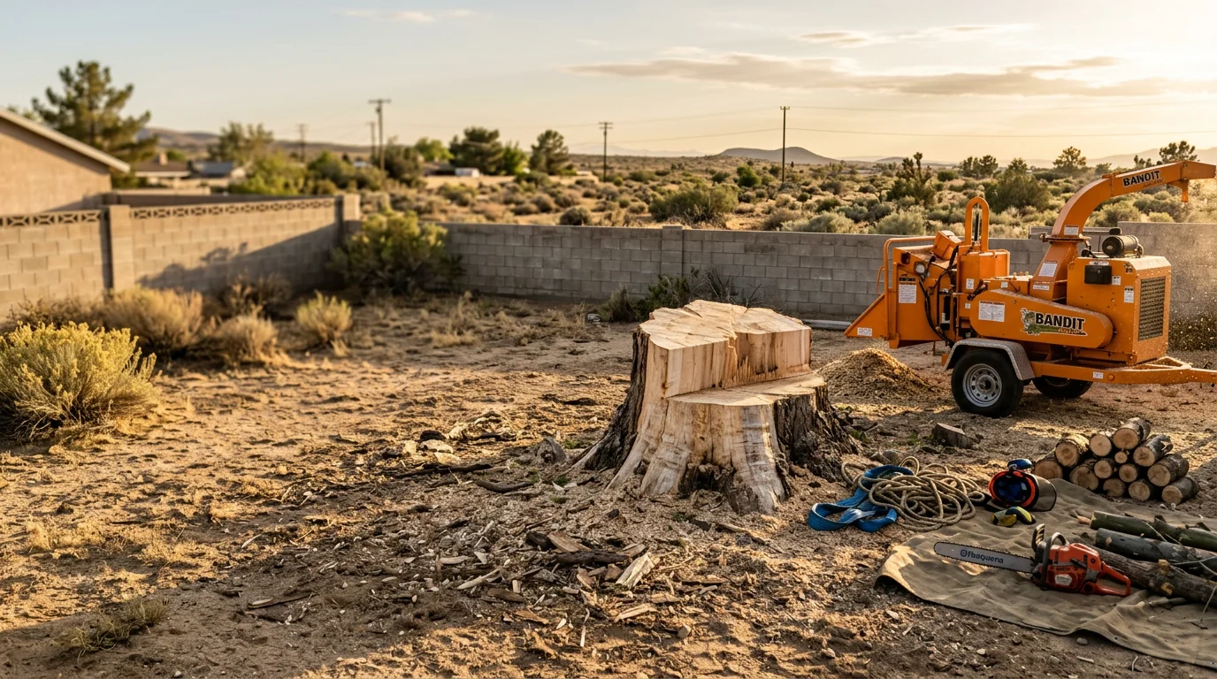 A large dead eucalyptus tree being removed in sections by a tree service crew on a residential property in Lancaster, California. The crew uses rigging lines to lower cut sections away from a nearby block wall and single-story home.
